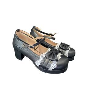 BOHO WOMEN Black Mid Pumps Preppy Bow Platform Chunky Size 8.5 IN HEELS